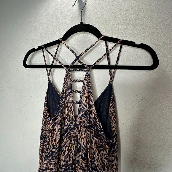 Fora Tan & Navy Front Button Strappy Decorative Back Wide Leg Jumpsuit Small - Picture 8 of 16